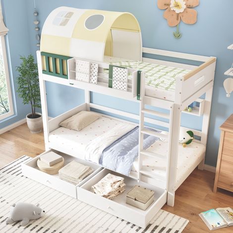 Litera cabaña, litera infantil de 90x200 cm con pequeña tienda, barandilla, escalera, 2 cajones con ruedas, blanco (1/5)