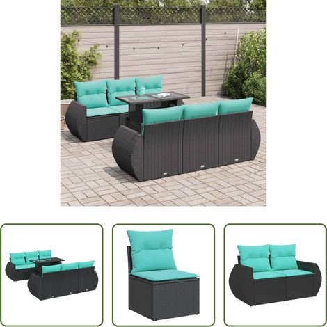 Gartentisch - 7-tlg. Garten-Sofagarnitur mit Kissen Schwarz Poly Rattan (1/5)