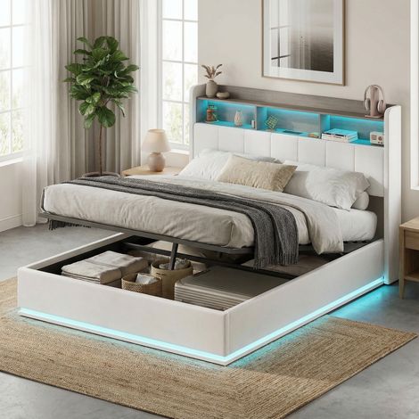 Lit coffre 140x190 cm, lit adulte capitonné, tête de lit avec rangement compartiments,  charge USB/C, sommier à lattes, velours - Blanc