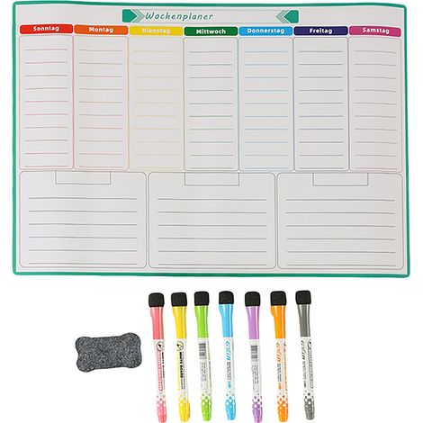 Relaxdays magnetic weekly planner for refrigerator, wipeable, A3, whiteboard markers & sponge, colourful, white