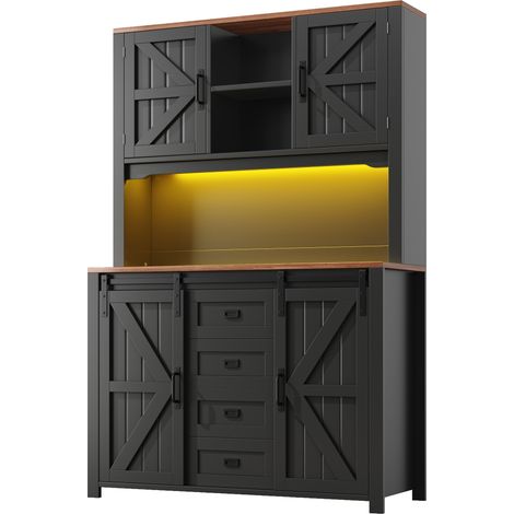 Aparador alto de cocina 115 x 40 x 174,7 cm de MDF y metal negro con LED (1/5)