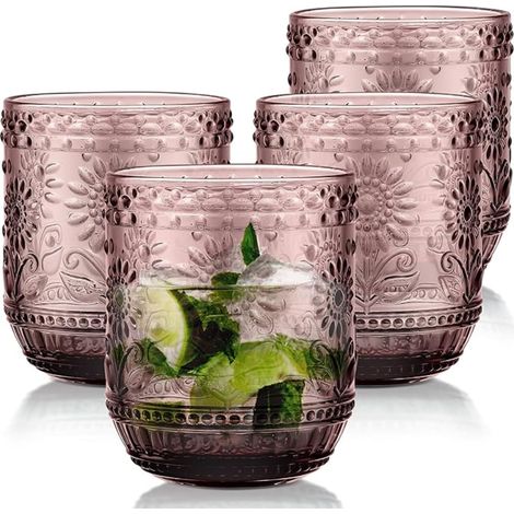 Set of Coloured Water Glasses Stackable Purple 360 ml Vintage Embossed Flower Drinking Glasses for Juices Beer, Cocktail, Lemonade Juice, Dishwasher Safe (1/5)