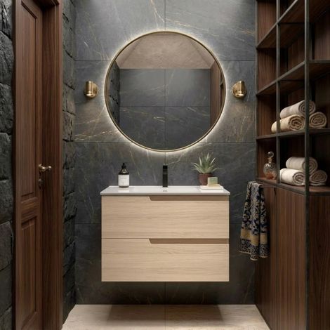 Mobile Bagno Sospeso 80 cm con 2 Cassetti e Lavabo Incluso Rovere natura – Gena