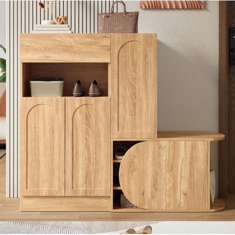 MEUBLIV Mobile portascarpe con panca, 130 x 35 x 110,5 cm, naturale, ampio spazio (1/5)
