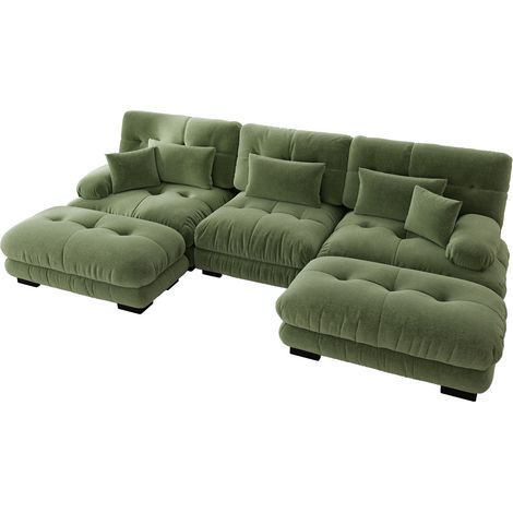 Divano modulare angolare in ciniglia verde con pouf, 313 x 145 x 81 cm (1/5)