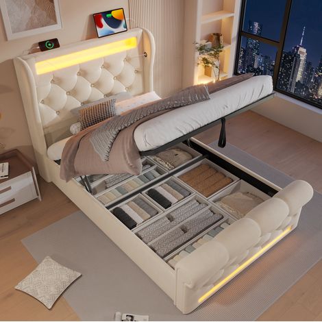 Polsterbett 90/200 cm beige aus Samt mit LED, Stauraum und USB-/Typ-C-Anschlüssen (1/5)