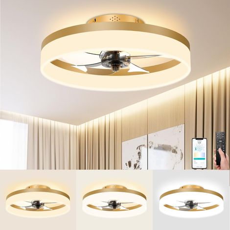 Ventilateurs de plafond à profil bas de 45 cm avec lumières et télécommande, ventilateur de plafond à intensité variable, montage encastré, doré