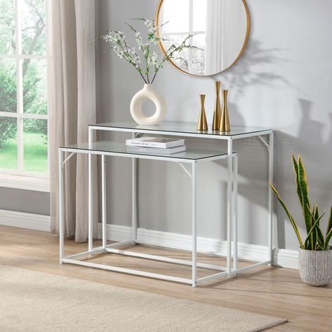 Lot de 2 consoles 95 et 100 cm en verre et métal blanc - MITIK