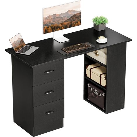 HOMCOM 120cm PC Table Workstation Computer Desk w/ Drawers, 3 Shelves Black (1/5)