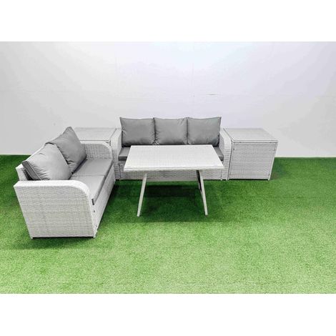 Fimous Outdoor PE Rattan Garden Furniture Set Rectangular Dining Table Sofa Set with 2 Side Tables Light Grey (1/4)