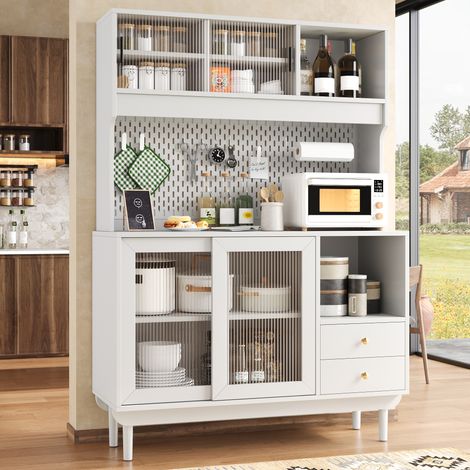 Buffet de cuisine blanc H170 cm - Vaisselier avec 4 portes coulissantes en verre cannelé, 2 tiroirs et niches ouvertes, 117x30x170 cm (1/5)