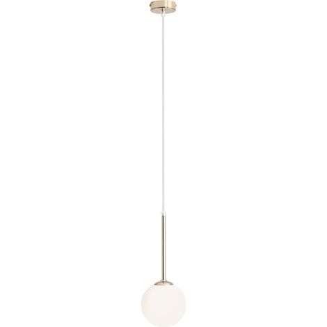 Lampe suspendue métal verre E14 L : 14 cm H : max 200 cm en abat-jour boule blanc doré moderne.