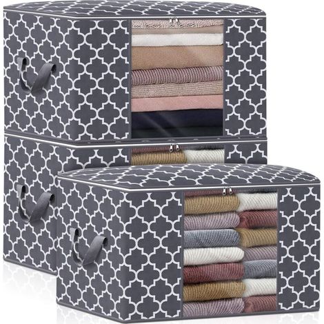 Sac de Rangement 100L x3, Grande Capacité pour Couettes, Vêtements et Literie, Boîte Pliable avec Poignées Renforcées, Fenêtre Transparente et Fermeture Éclair Durable, Gris (1/5)