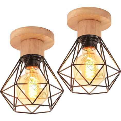 2pcs Plafonnier, Design Industriel, Métal et Bois, Douille E27, Rétro, Pour Salon Cuisine Chambre (1/5)