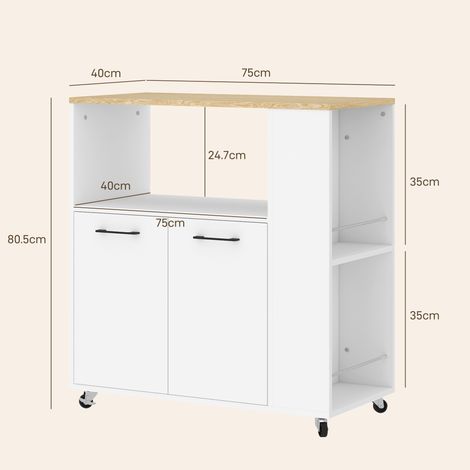 Küchenwagen mit offenem Regal, 2-türigem Schrank und 2-stufigem Seitenregal, Mehrzweckwagen mit verstellbarem Holzregal, 75 x 40 x 80,5 cm, weiß-eichenfarben