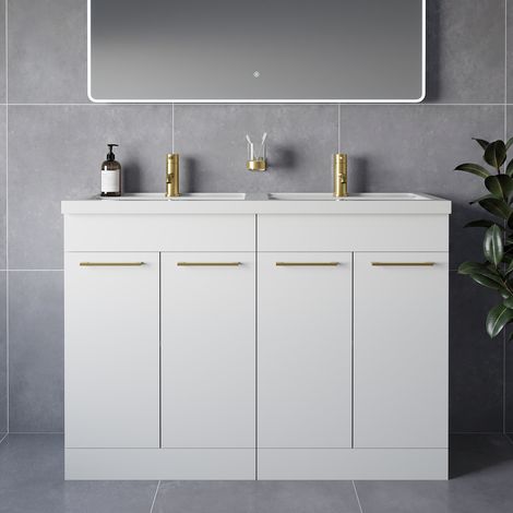 Napoli 390 Gloss White 1200mm 4 Door Vanity Unit with Double Lucia Basins - 1200mm - Brushed Brass 160mm Handle