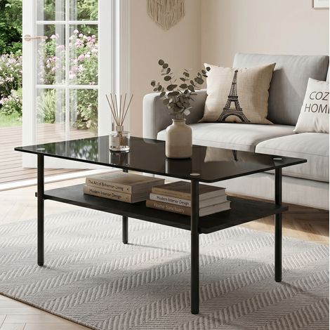 Mesa de centro 98/58/45 cm negra con tapa de vidrio y estante MDF (1/5)