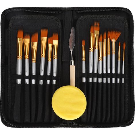 Jeu de 17 pinceaux acrylique pro, manche argenté rond, poils nylon, pour artiste peinture, lot complet. (1/5)