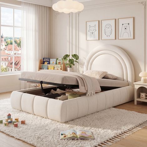 Lit coffre 90x200 cm avec tête de lit et rangement, en velours, beige, sans matelas (1/5)