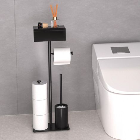 Porte Papier Toilette sur Pied, Support Papier Toilette sur Pied avec Brosse WC et Tiroir, Porte Rouleau Papier Toilette Noir en Acier au Carbone, Serviteur WC Rangement pour 3 Rouleaux de Rechange (1/5)