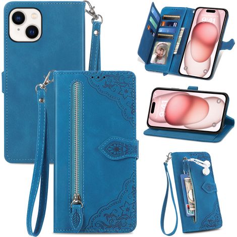 Handyhülle kompatibel mit iPhone – Blaue Leder-Klapphülle mit Kartenfach und geprägtem Design. Kompatibel mit iPhone 14 Pro. (1/4)