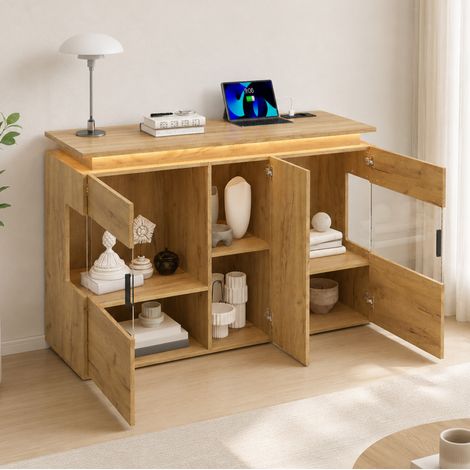 Sideboard 120/40/79,5 cm in Eiche hell mit LED, Glastüren und Ladestation
