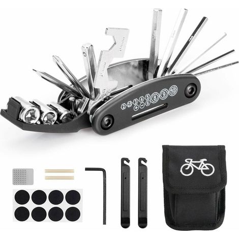 Multiutensile per bici, borsa portautensili portatile 16 in 1 con smagliacatena e leva per toppe per pneumatici, toppa autoadesiva per bici, ecc.