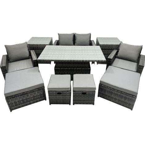 Fimous Outdoor Love Sofa Set 8 Seat Rattan Garden Furniture Set with Adjustable Lifting Dining or Coffee Table 4 Stools 2 Side Table Dark Grey Mixed (1/4)