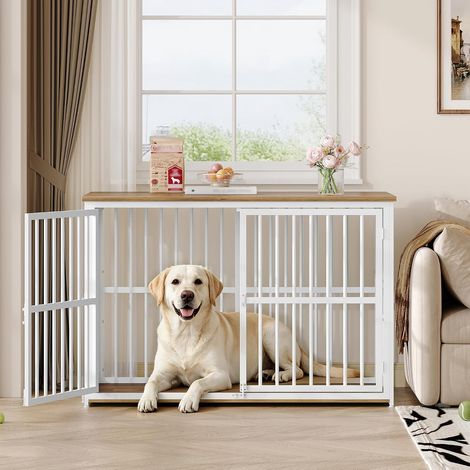 Meuble Cage pour Chien, 120 x 65 x 81 cm, Marron & Blanc 3 Portes, Cages Bois pour Chiens, Table d'appoint, Cages Solide pour Chiens, Niche pour Chiens Interieur (1/5)
