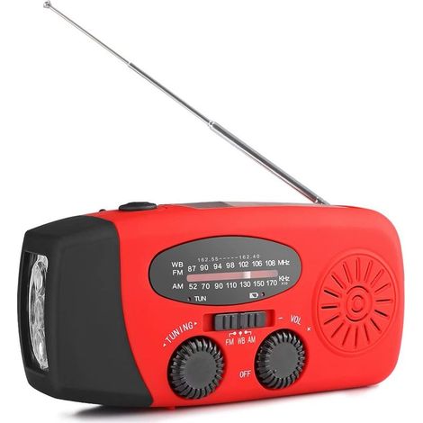 Radio solar portátil, radio AM/FM/NOAA autoalimentada con manivela, radio meteorológica de emergencia con dinamo, linterna de 3 LED y cargador de teléfono para senderismo y camping (rojo). (1/5)