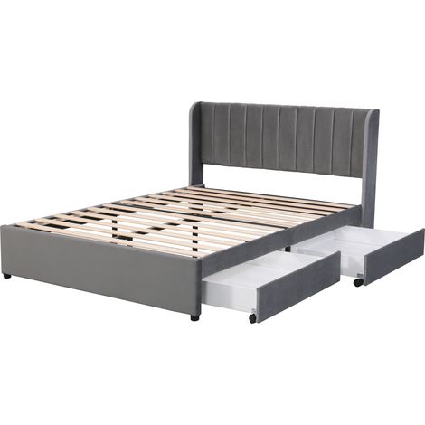 Cama tapizada gris 140 x 200 cm en terciopelo con somier, cabecero y 2 cajones (1/5)