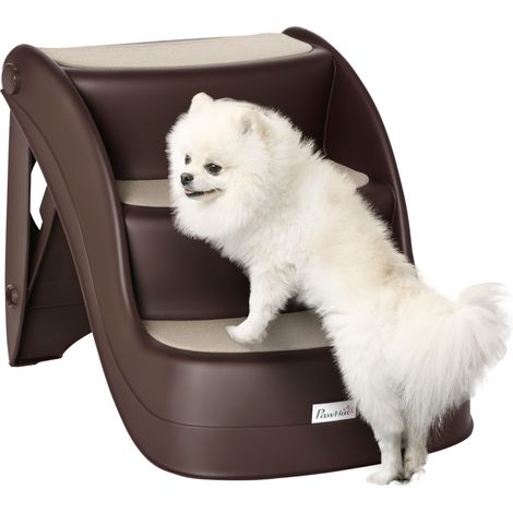 PawHut Foldable Dog Steps for Bed Sofa, Portable Dog Stairs 3-Step for High Bed, Pet Stairs with Non-slip Mats for Small and Miniature Breeds, 49 x 38 x 38 cm, Brown