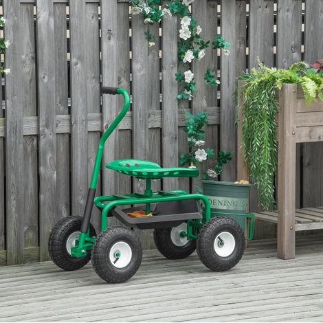Carrello da giardino con seduta 81x44.5x46-59 cm, girevole a 360°, altezza regolabile, metallo verde (1/5)