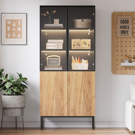 Vitrine avec portes vitrées, éclairage LED et 5 compartiments de rangement, vitrine de collection, bibliothèque, 74 x 31 x 180 cm, Naturel (1/5)