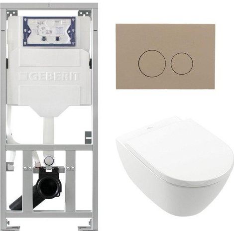 Villeroy & Boch Subway 2.0 DirectFlush Pack WC suspendu - bâti-support Geberit - abattant softclose - plaque de commande taupe - boutons ronds - blanc