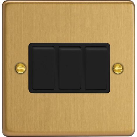 Varilight 3-Gang 10A Rocker Light Switch, Brushed Brass, 1 or 2-Way
