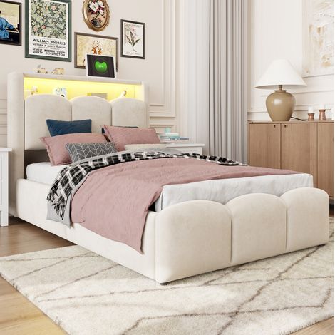 Cama individual tapizada 90x200 cm con canapé hidráulico, LED, USB y Type-C beige OKMYHOME (1/5)
