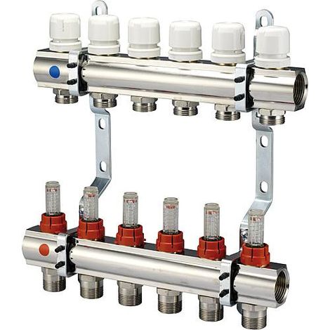 Banyo – Répartiteur de chauffage M6 2 circuits DN25 en laiton nickelé – Débitmètre inclus – Installation rapide et simple – Compatible DN 20