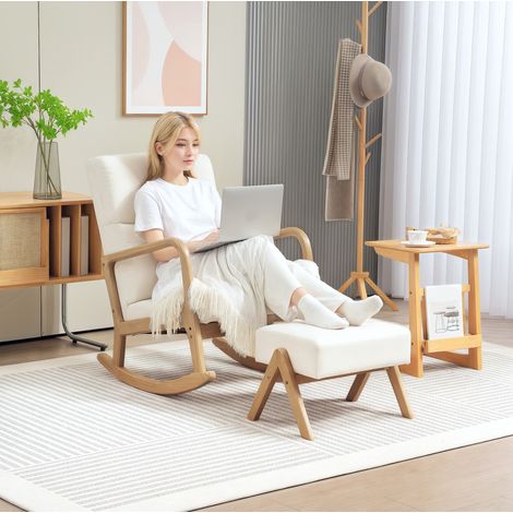 Schaukelstuhl mit Hocker 150 kg Cremeweiß Polyester OKMYHOME (1/4)