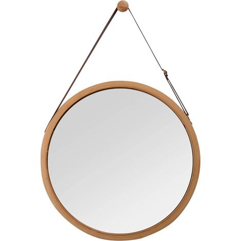 Bamboo Wandspiegel Rund Flur Spiegel Badspiegel mit Verstellbarer Lederband 38cm (1/5)