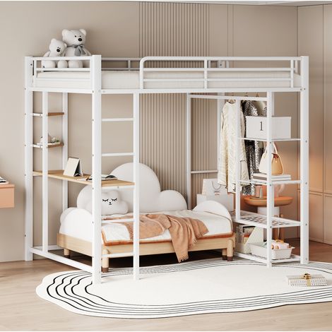 Hochbett Metall Weiß 140x200 cm mit Schreibtisch, Regalen, Kleiderstange und Lattenrost (1/5)