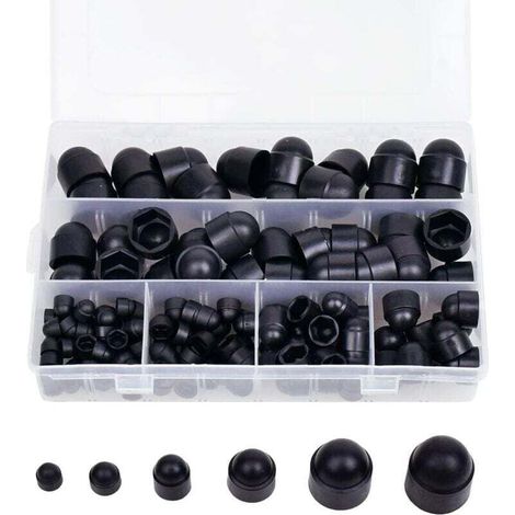 145 tapas de goma para tuercas hexagonales, tapas para pernos, tapas para tornillos, kit de tuercas de plástico con caja de almacenamiento, 145 piezas negras M4 M5 M6 M8 M10 M12 (1/4)