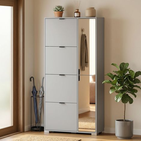 Meuble à chaussures avec miroir, 4 tiroirs rabattables, meuble à chaussures d'entrée, gris (1/5)