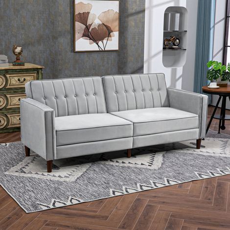 Sofá Cama de 3 Plazas Sofá Cama Convertible de Terciopelo con Respaldo Reclinable y Patas de Madera 189x80,5x78,5cm Gris (1/5)