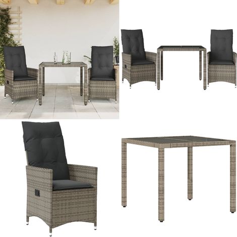 Ensemble de bistro 3 pcs avec coussins gris résine tressée - Chaise de jardin - Table de jardin (1/5)