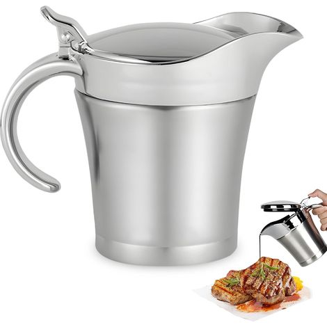 Edelstahl Thermo Sauciere 450ml: Soßenspender Doppelwandig mit Klappdeckel und Henkel, Soßenkanne Milchkännchen Isolierter Soßenkrug zum Servieren von Soße, Vanillesoße, Sahne, Soße (1/5)