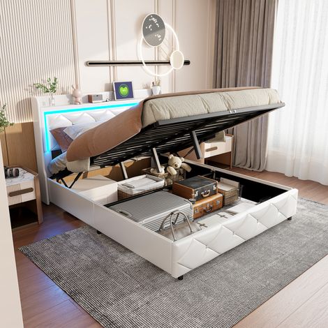 Lit coffre 140 x 200 cm avec éclairage d'ambiance LED, Sommier à lattes en cuir PU, Fonction de charge incluse, tige pneumatique, lit coffre - blanc (1/5)