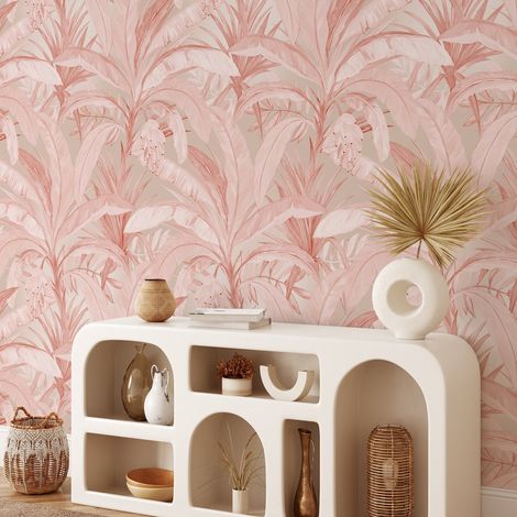 Carta da parati elegante raffinata per soggiorno Jungla Tropicale Rosa (1/5)