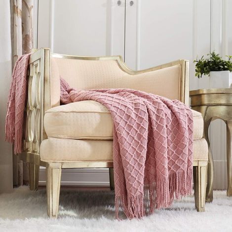 Plaid Tricot Géométrique - 1 Unité - Coton Doux - Motif Franges - Salon Chambre Voyage - 127x152cm Rose Poudré (1/5)