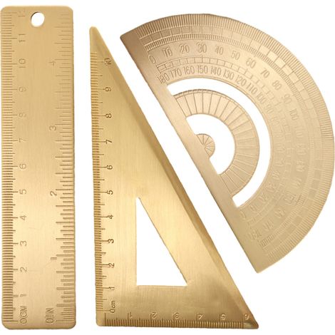 Ensemble de 3 gabarits en laiton comprenant une équerre, un rapporteur, une règle graduée géométrique, un rapporteur demi-cercle et une équerre. Kit d'outils de dessin technique. (1/5)